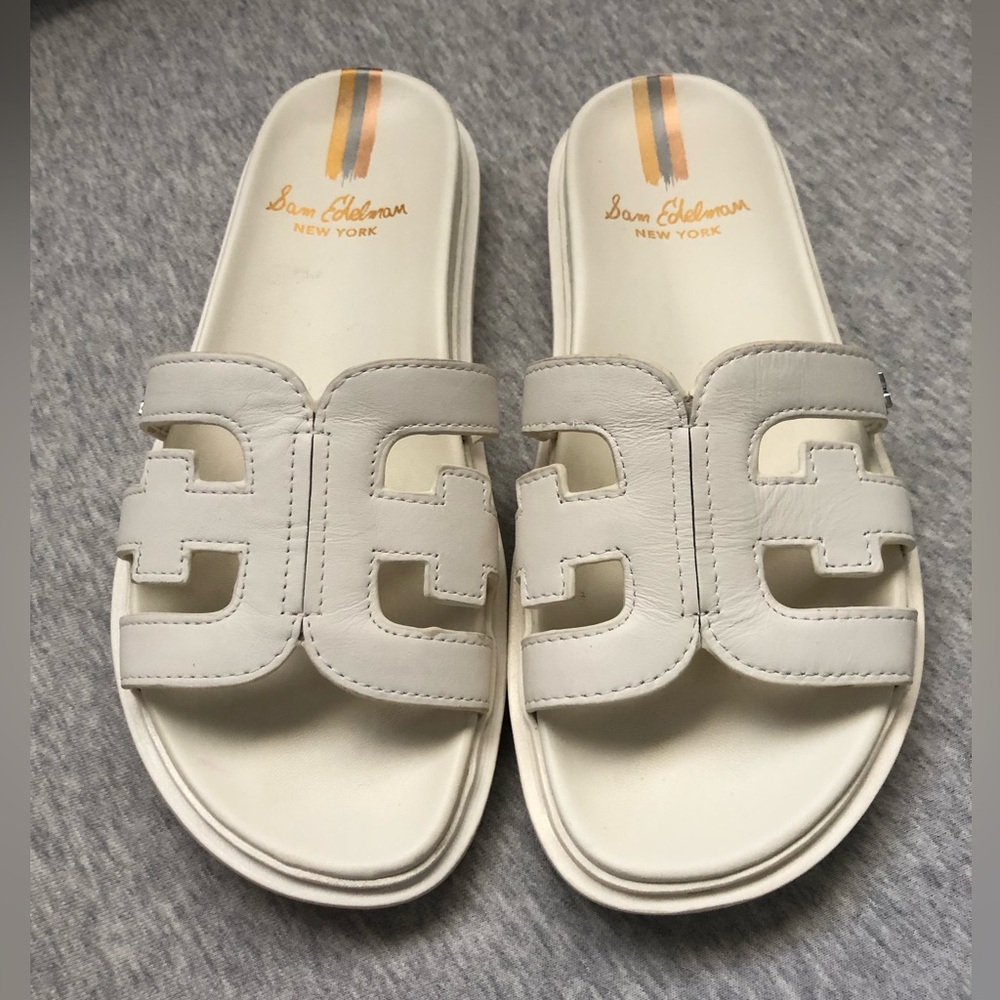 Sam Edelman Women Valeri Cream Leather Slide Sandals H Logo Size: US 6.5